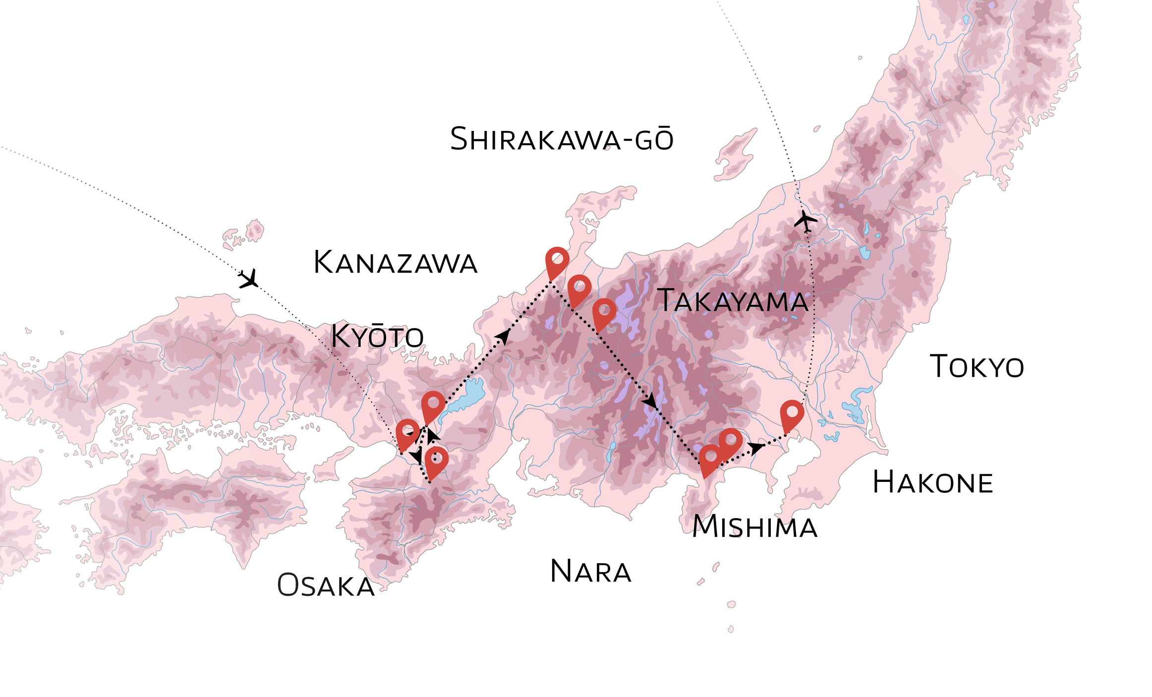 Carte des destinations au Japon, incluant Kyoto, Osaka et Takayama. TMR Voyages, pour des découvertes culturelles authentiques.