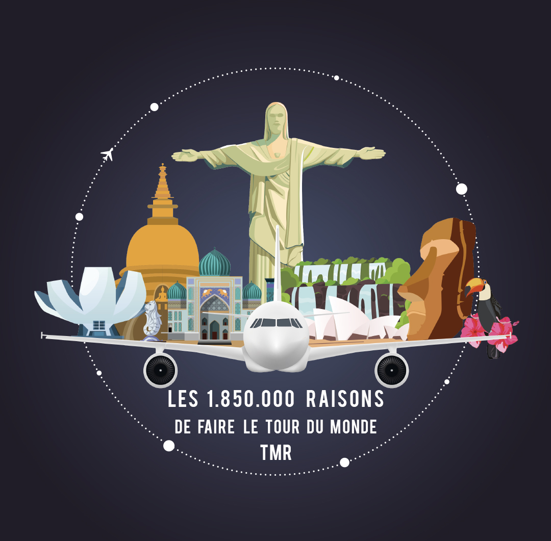 Illustration représentant des destinations iconiques autour d'un avion, évoquant des voyages exclusifs avec TMR Voyages.
