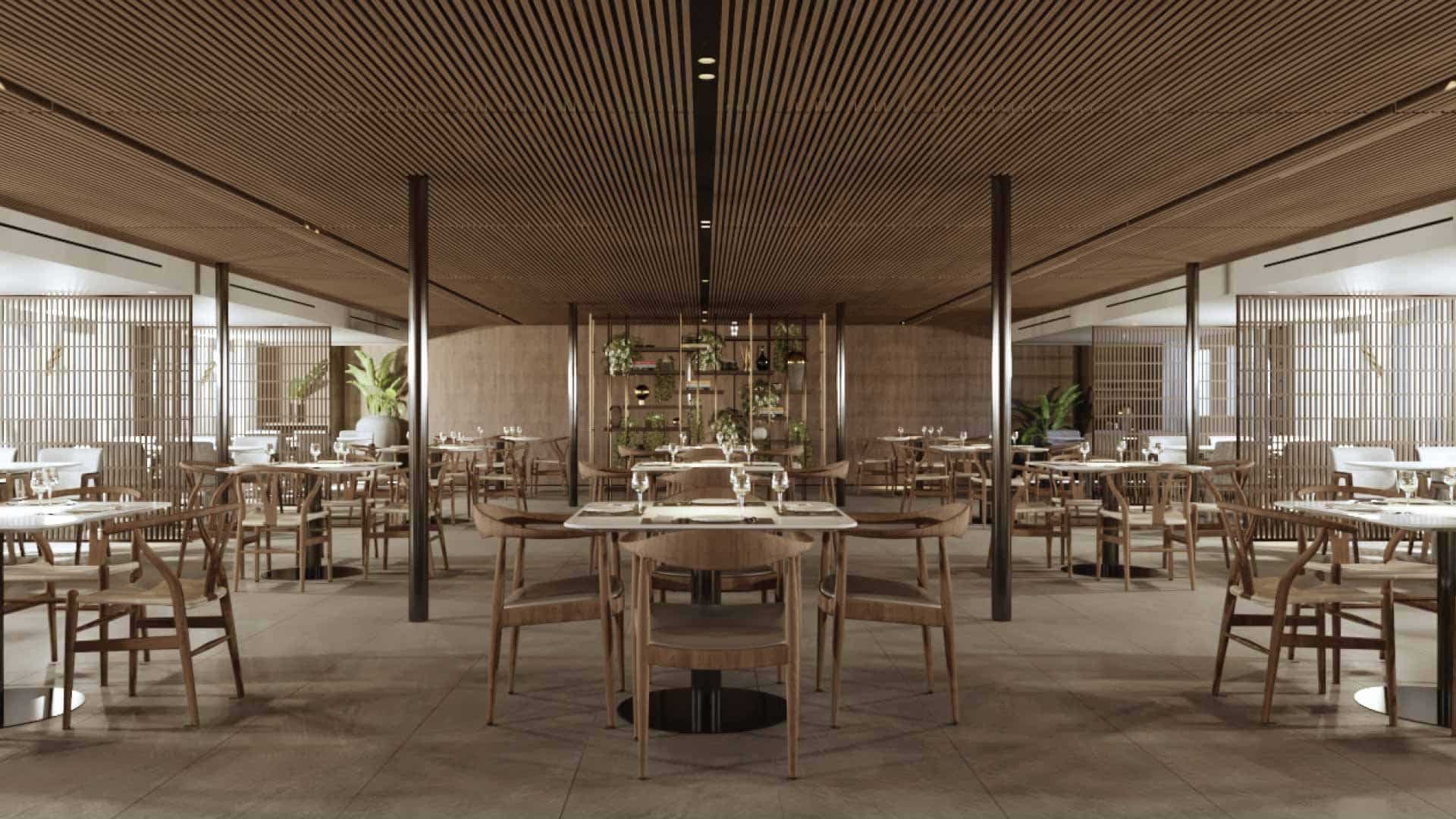Intérieur élégant d'un restaurant moderne, parfait pour des dîners raffinés pendant un voyage avec TMR Voyages.