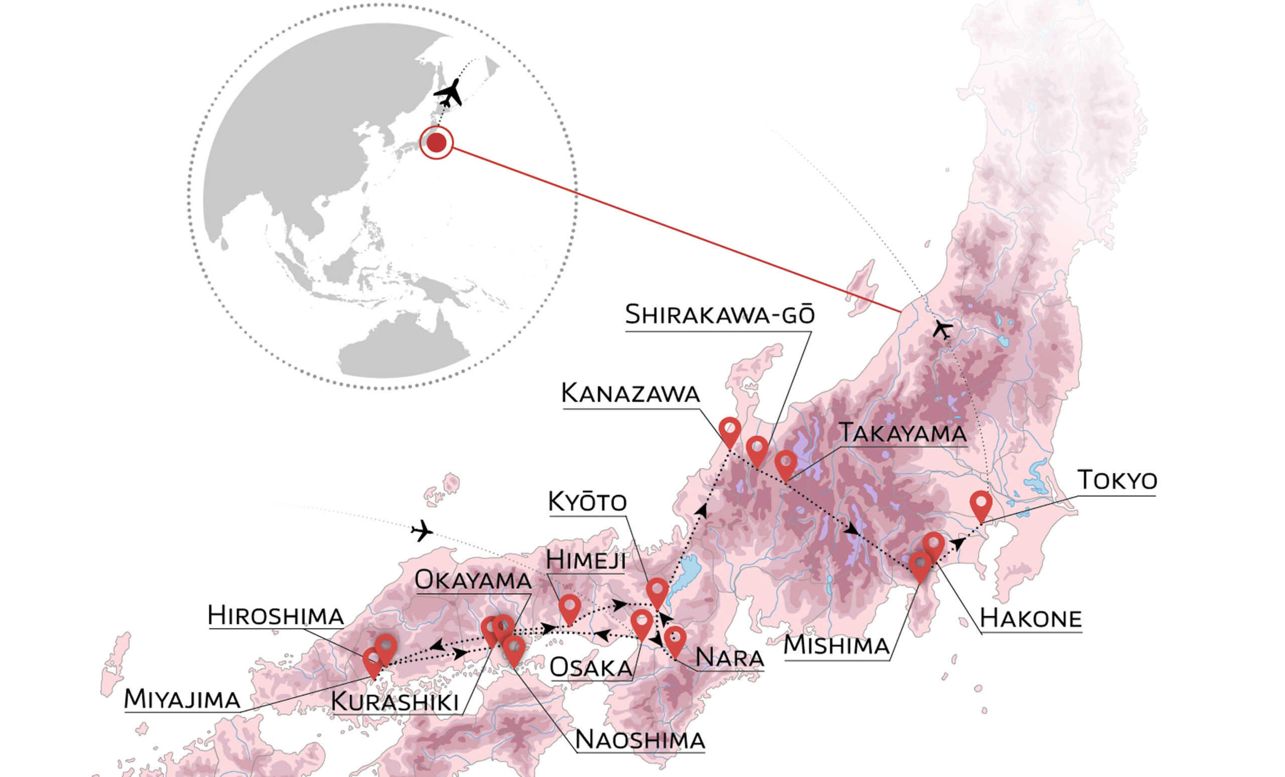 Carte des destinations emblématiques au Japon, idéale pour des voyages culturels et des expériences authentiques avec TMR Voyages.